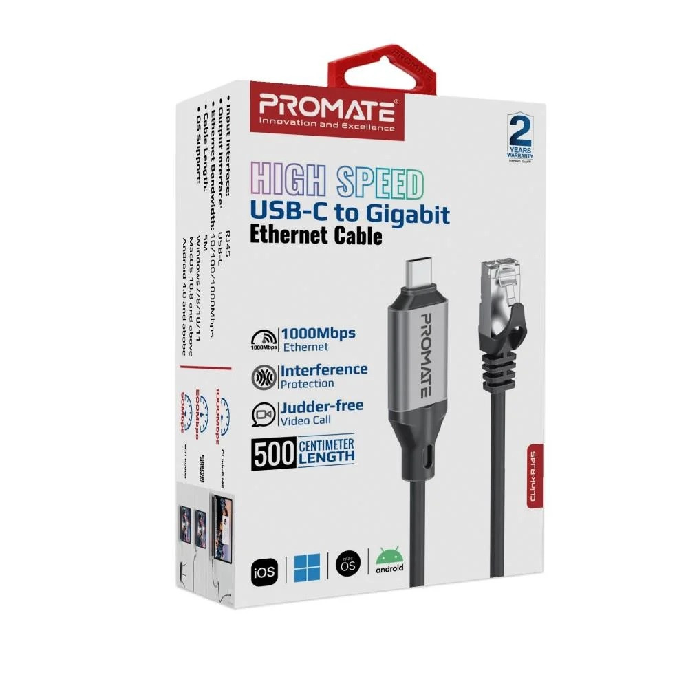 PROMATE USB-C to Gigabit Ethernet Cable – Black | CLINK-RJ45  CLINK-RJ45