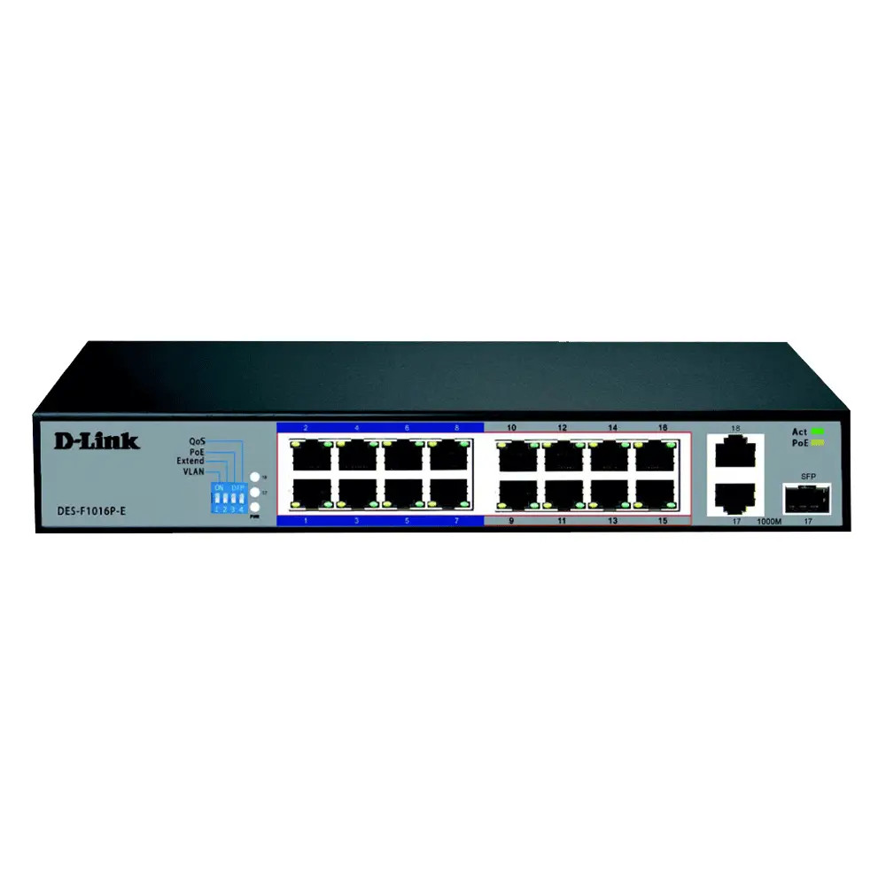 D-Link DES-F1016P-E 16-Port 10/100 Long Range PoE Surveillance Switch , Up To 150 Watts Available For PoE , Plug & Play , 250 Meters Transmission , 6KV Lightening Protection | DES-F1016P-E  DES-F1016P-E